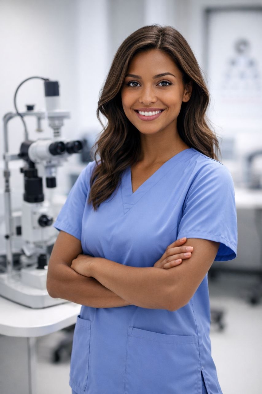 Certified Ophthalmic Assistant in scrubs with slit lamp equipment