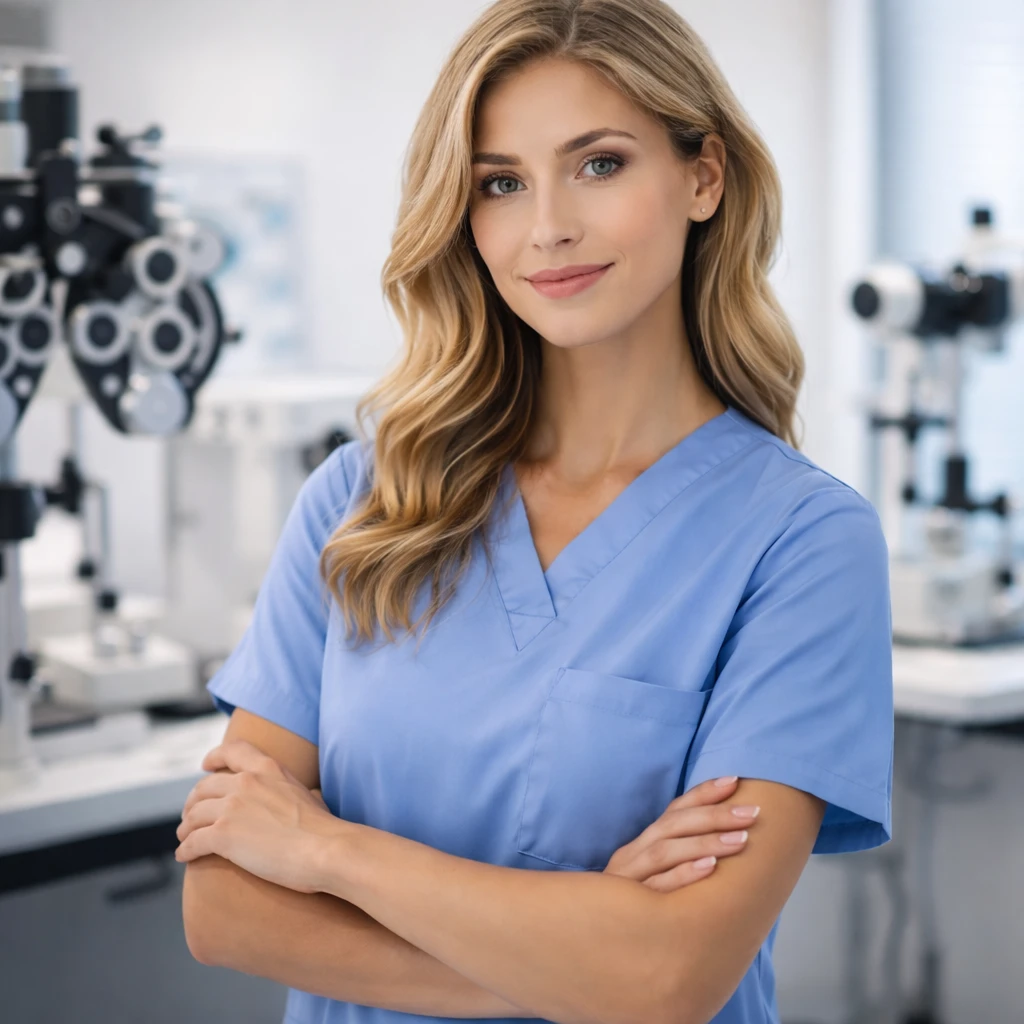 Ophthalmic technician at slit lamp in clinical setting